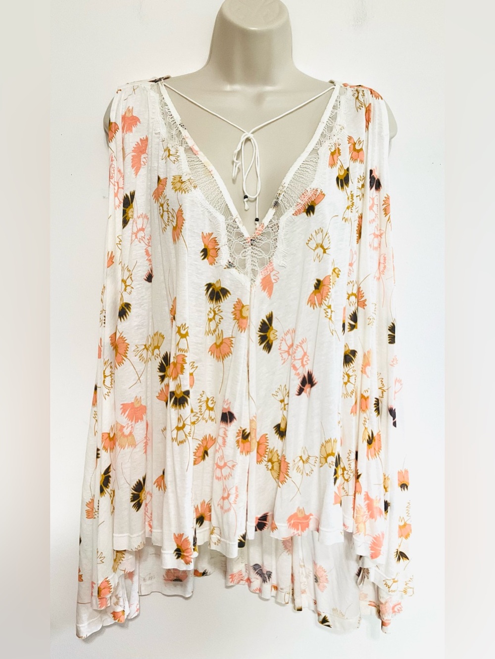 Boho Floral Lace-Trim White Peasant Top - Free People